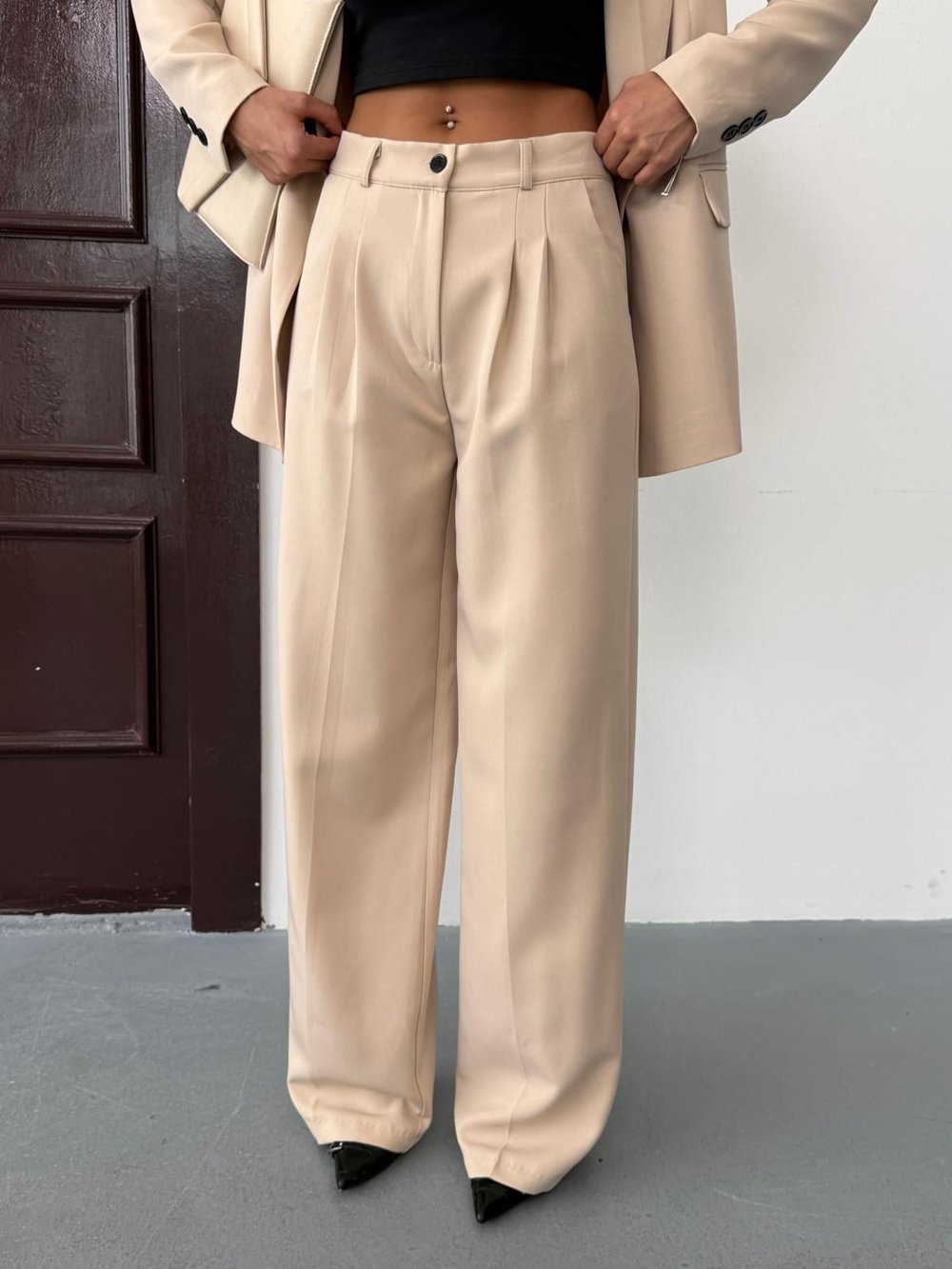 Krem Kadın Polly Viscon Takım – 1. Sınıf Kumaş Blazer Ceket & Palazzo Pantolon İkili Takım