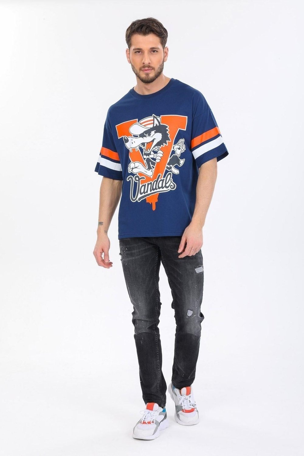 Oversize Kurt Desenli Mavi T-shirt