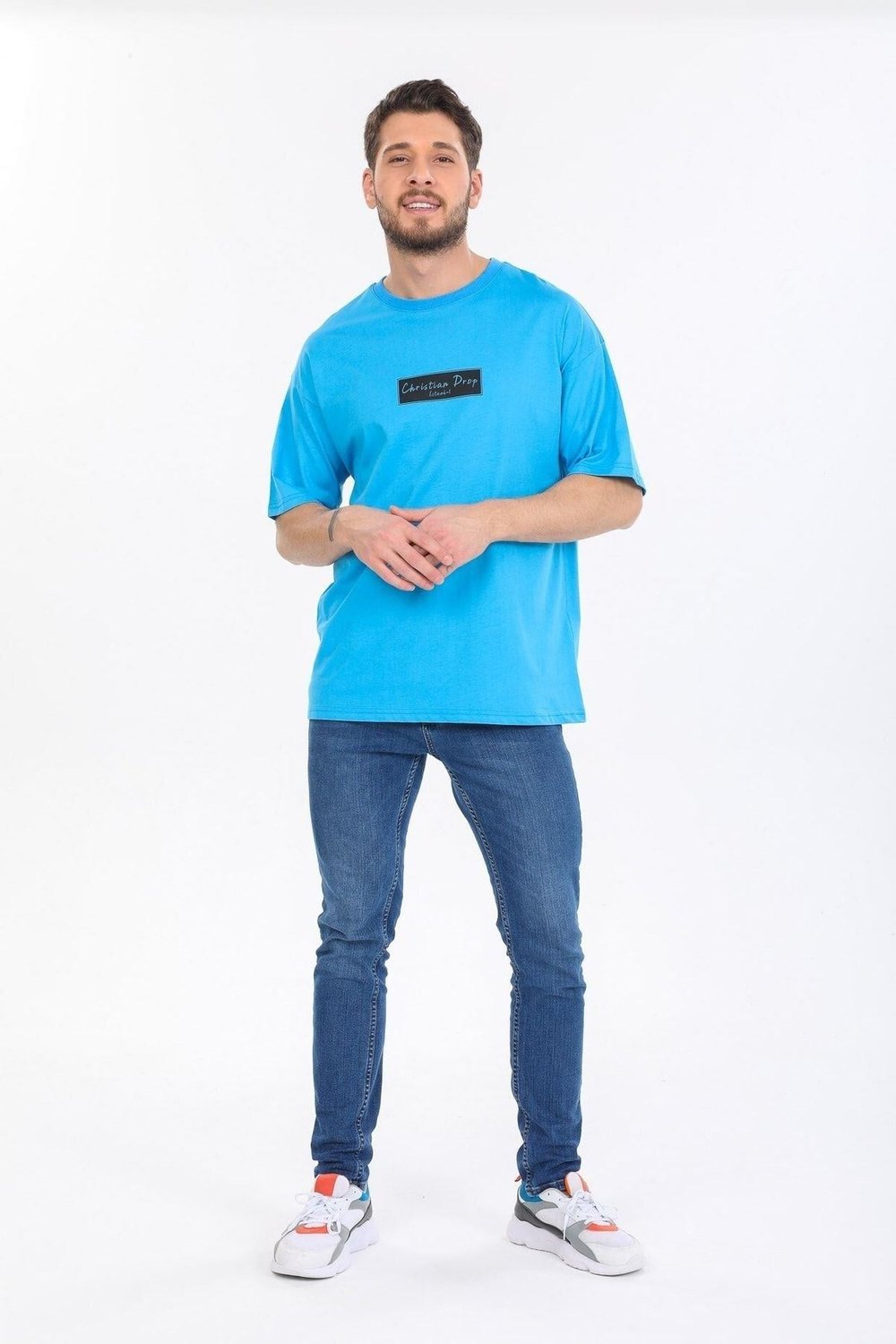 Oversize Logo Ve Istanbul Yazılı Mavi T-shirt