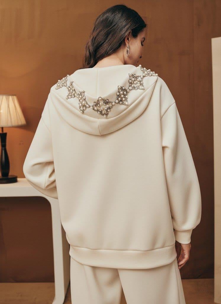 Lüks İnci Detaylı Taş Dizimli Kapüşonlu Ekru Eşofman Takımı | Fermuarlı Sweatshirt &  Pantolon Takım