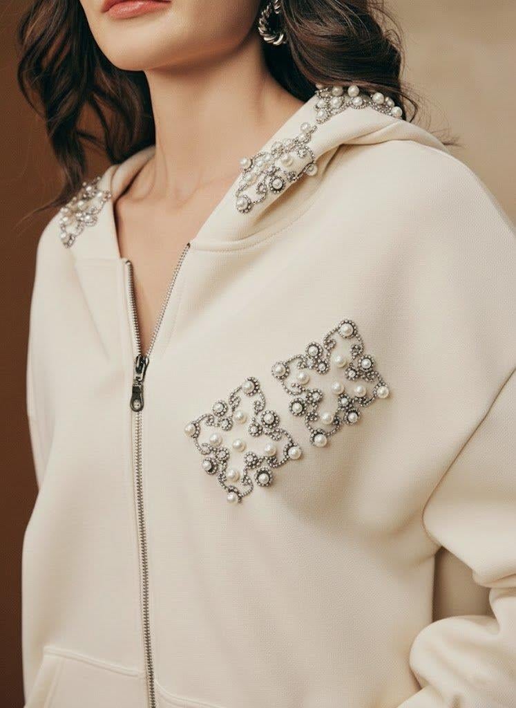 Lüks İnci Detaylı Taş Dizimli Kapüşonlu Ekru Eşofman Takımı | Fermuarlı Sweatshirt &  Pantolon Takım