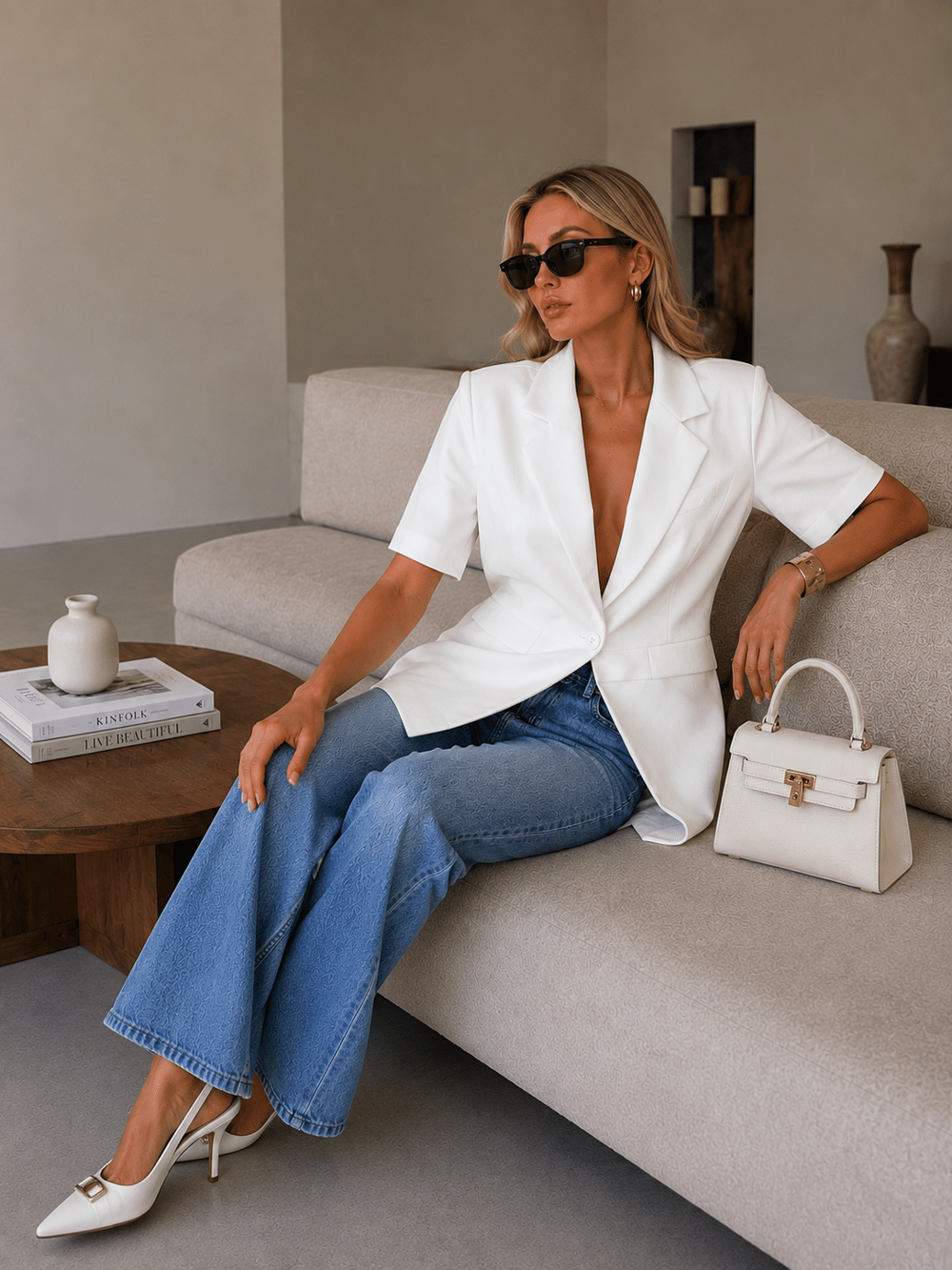 Luna Kadın Ekru Kısa Kollu Blazer Ceket Düğmeli Şık Tasarım