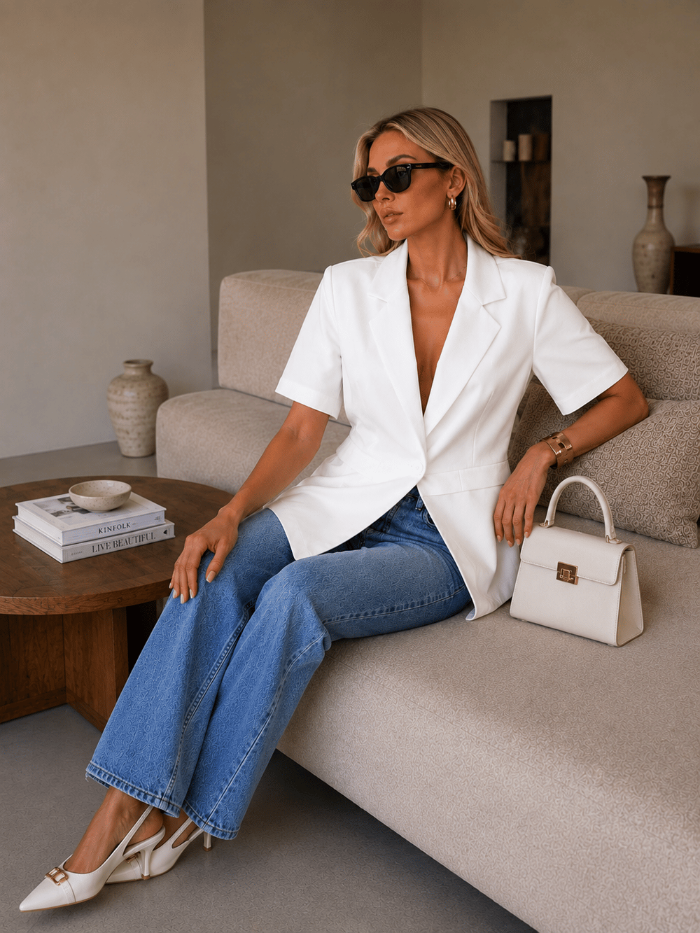 Luna Kadın Ekru Kısa Kollu Blazer Ceket Düğmeli Şık Tasarım