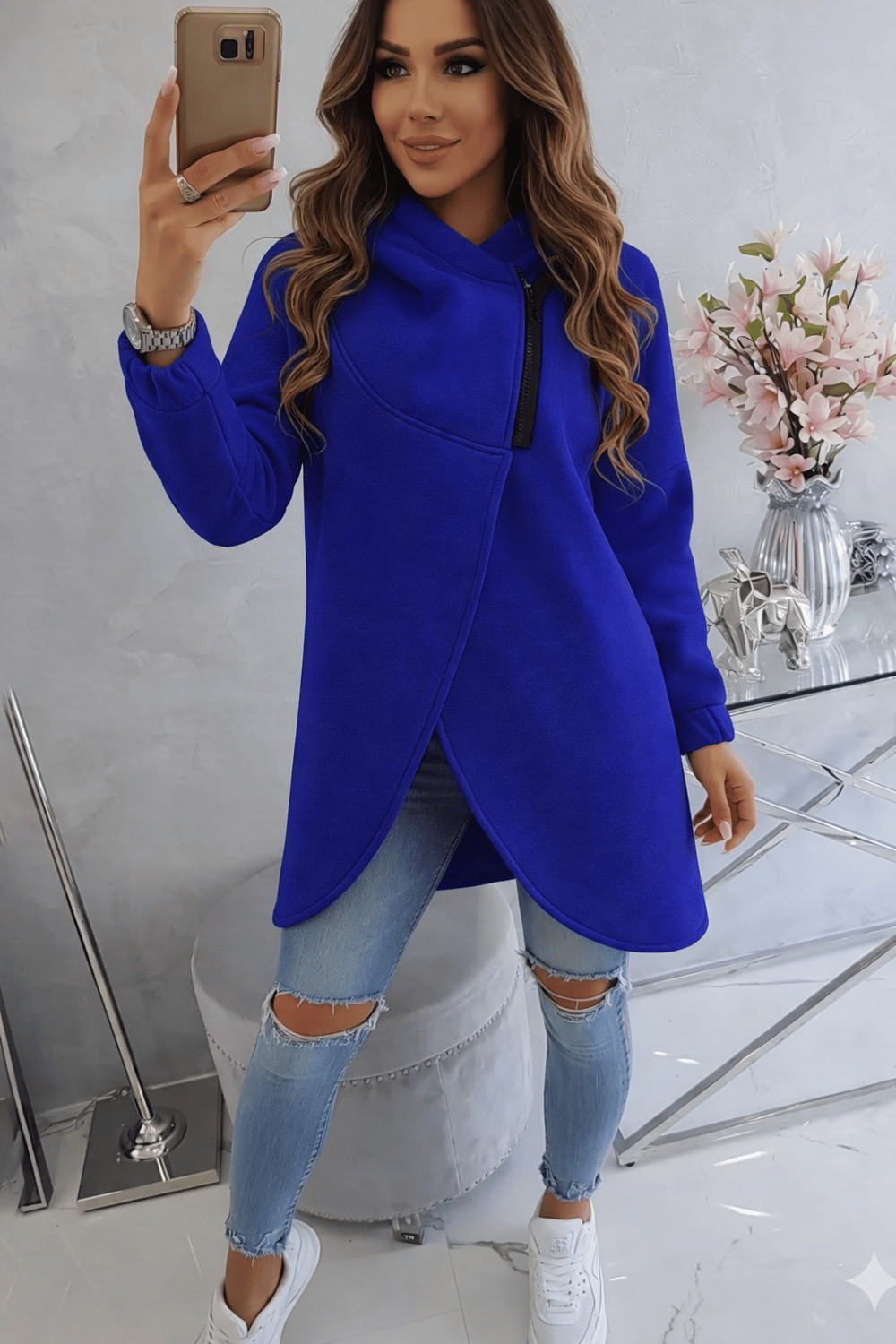 Mavi Kadın Asimetrik Fermuarlı Oversize Kapüşonlu Sweatshirt – Kalın Kumaş – Rahat Günlük Tarz