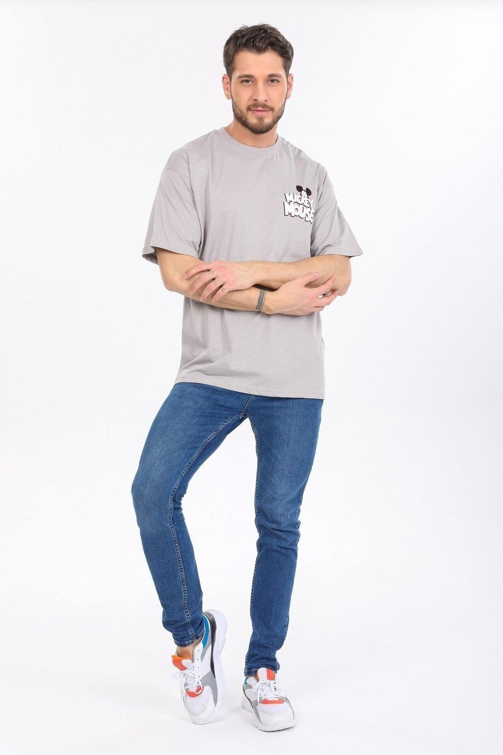 Oversize Mickey Mouse Logolu Gri T-shirt