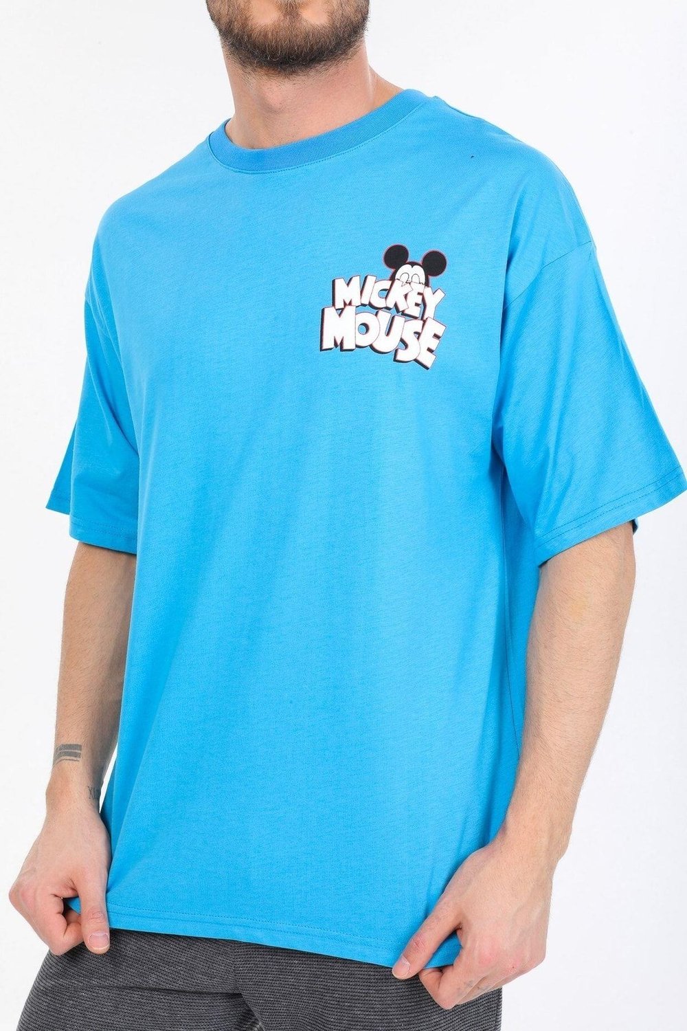 Oversize Mickey Mouse Logolu Mavi T-shirt