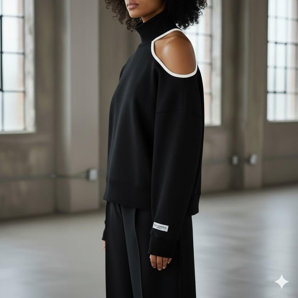 Modern Açık Omuz (Tek Omuz) Balıkçı Yaka Kadın Sweatshirt - Siyah Rengi