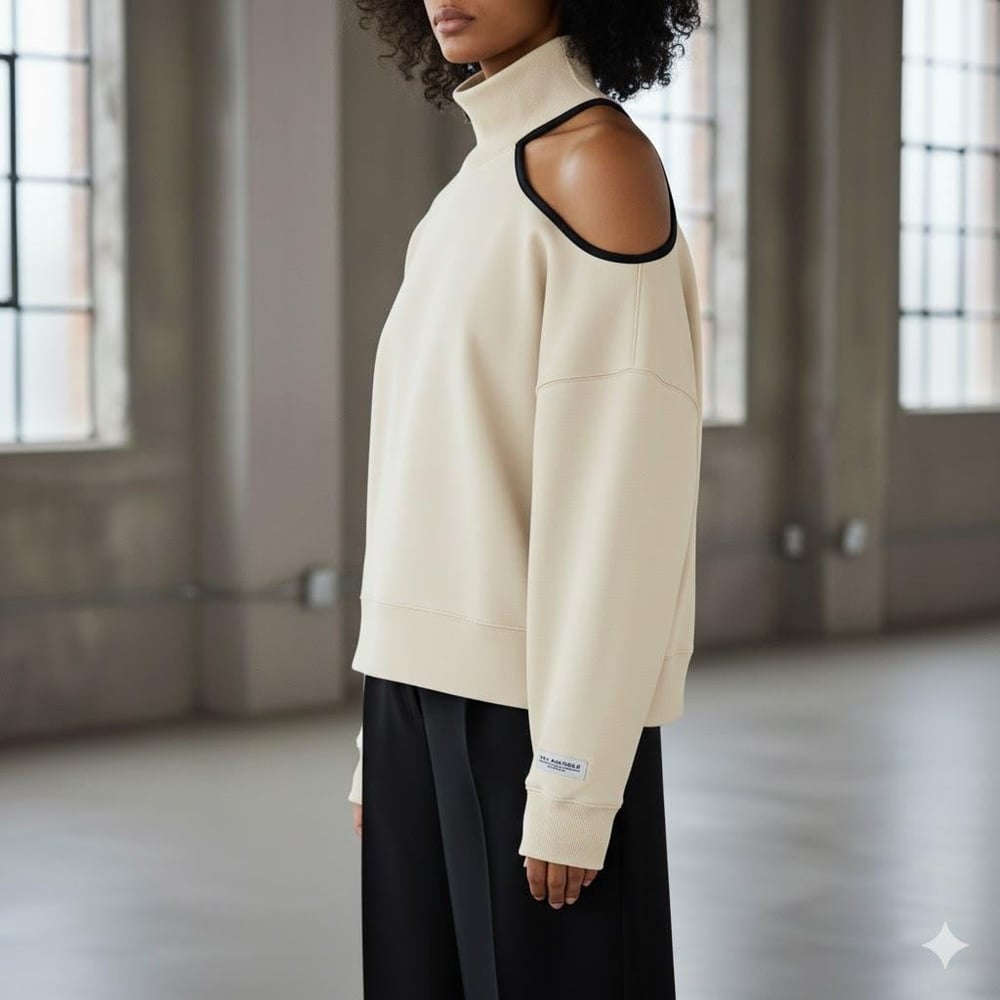 Modern Açık Omuz (Tek Omuz) Balıkçı Yaka Kadın Sweatshirt - Krem Rengi