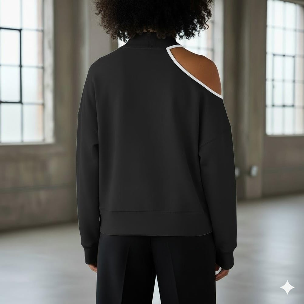 Modern Açık Omuz (Tek Omuz) Balıkçı Yaka Kadın Sweatshirt - Siyah Rengi