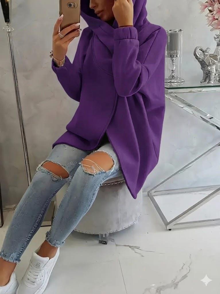Mor Kadın Asimetrik Fermuarlı Oversize Kapüşonlu Sweatshirt – Kalın Kumaş – Rahat Günlük Tarz