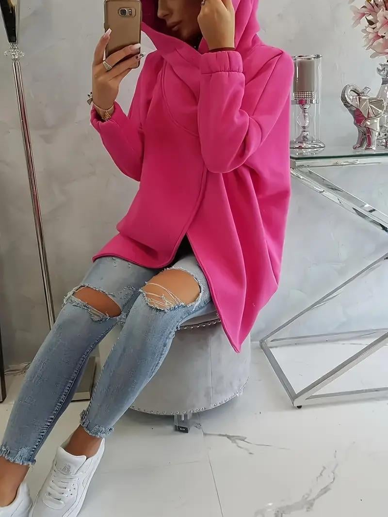 Pembe Kadın 3 İplik Şardonlu Kapüşonlu Ceket – Asimetrik Fermuarlı Oversize 