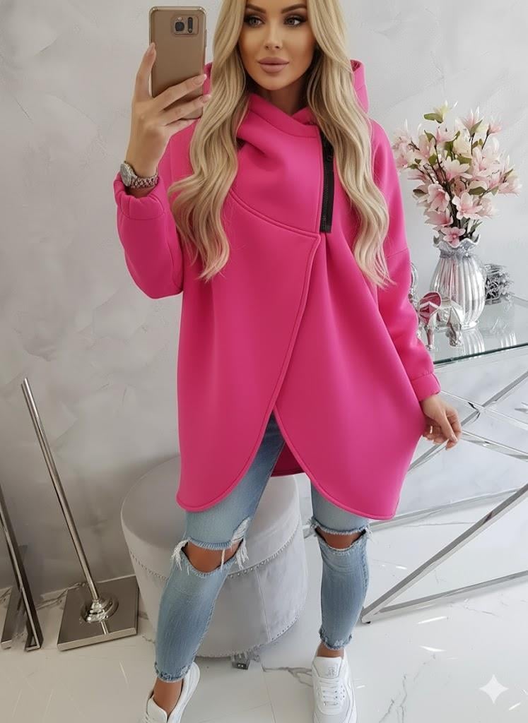 Pembe - Fuşya Kadın Asimetrik Fermuarlı Oversize Kapüşonlu Sweatshirt – Kalın Kumaş – Rahat Günlük Tarz