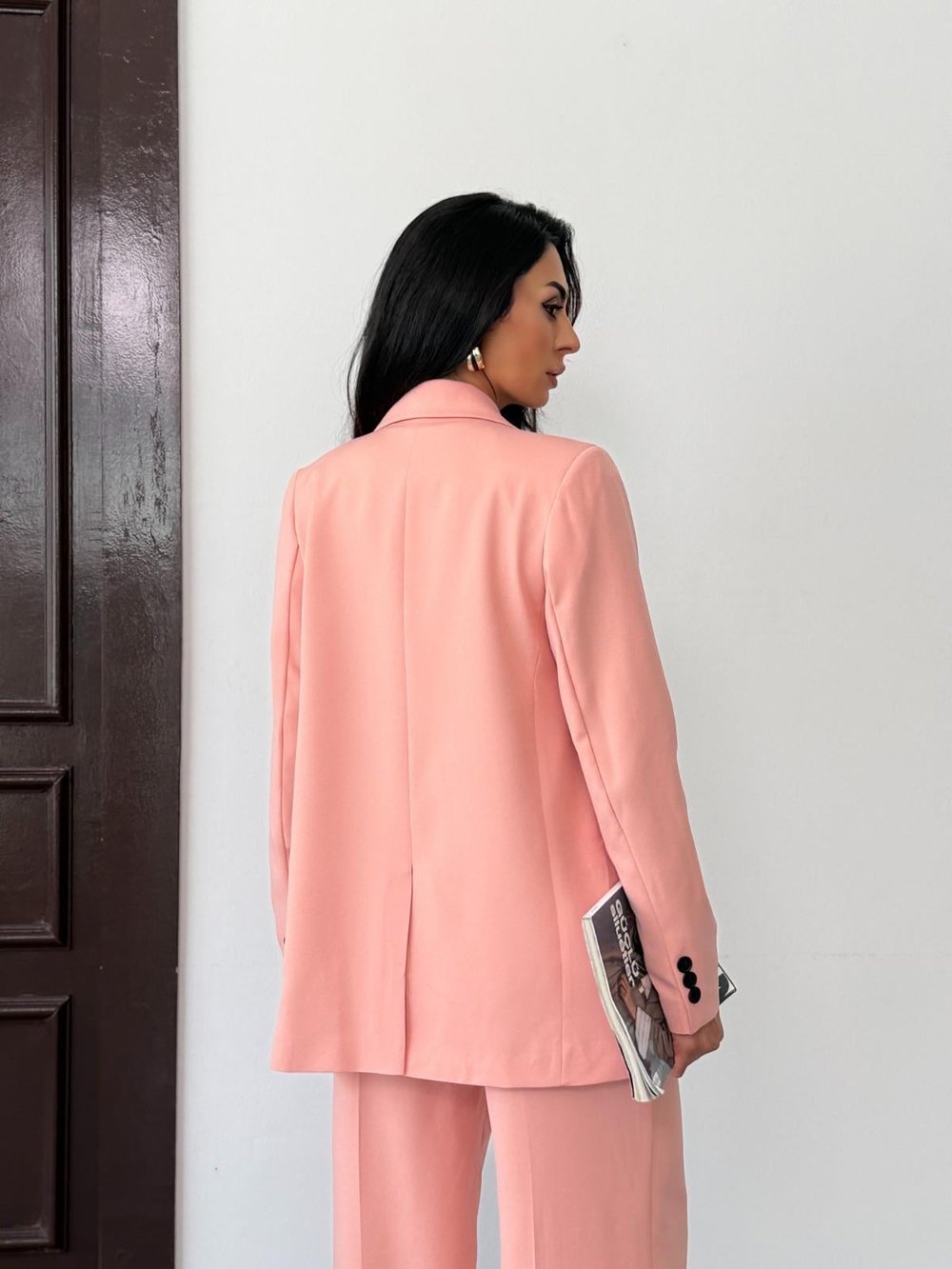 Pembe Kadın Polly Viscon Takım – 1. Sınıf Kumaş Blazer Ceket & Palazzo Pantolon İkili Takım