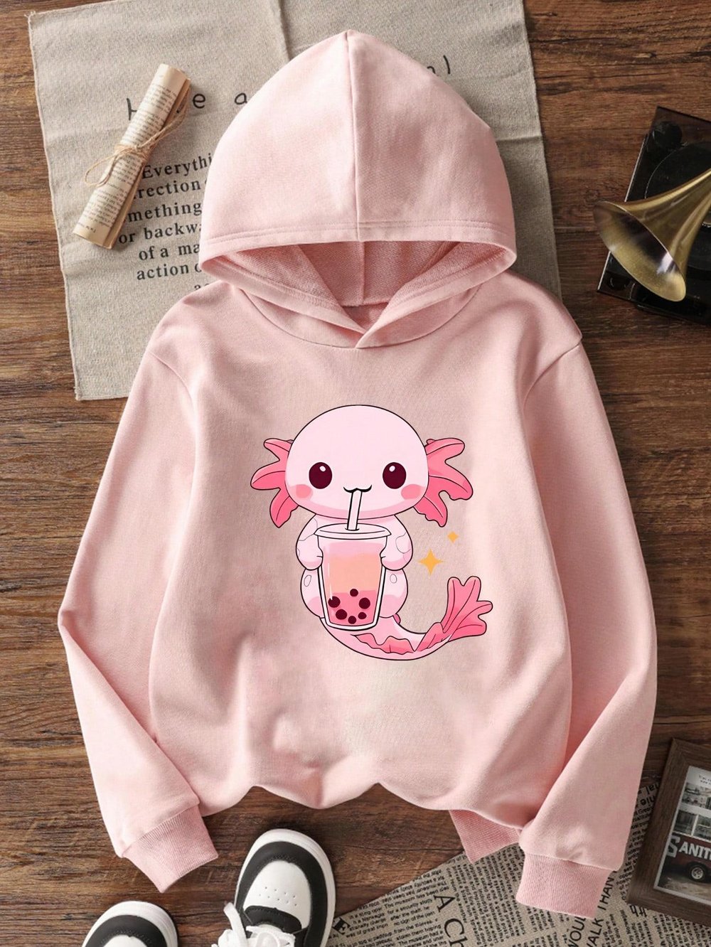 Pembe Sevimli Aksolotl ve Bubble Tea Baskılı Kız Çocuk  Sweatshirt Rahat Kalıp