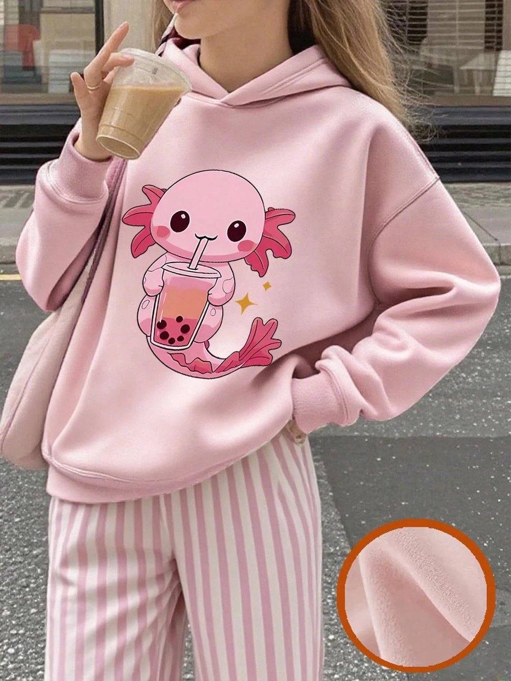 Pembe Sevimli Aksolotl ve Bubble Tea Baskılı Kız Çocuk  Sweatshirt Rahat Kalıp