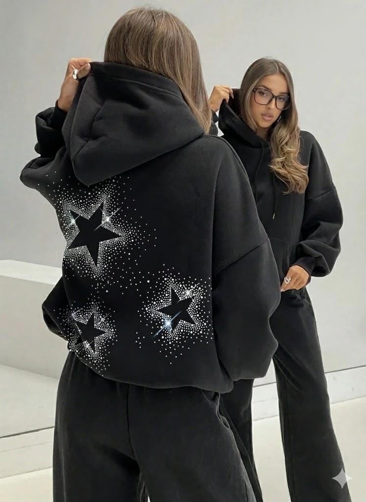 Premium Kalite | Şardonlu İçi Yumuşak %100 Pamuk Kapüşonlu | Taş Dizimli Unisex Siyah Oversize Hoodie Sweatshirt