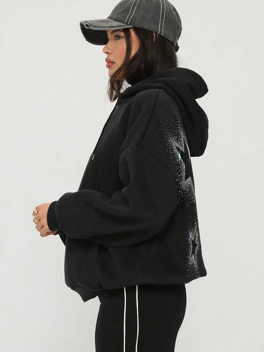 Premium Kalite | Şardonlu İçi Yumuşak %100 Pamuk Kapüşonlu | Taş Dizimli Unisex Siyah Oversize Hoodie Sweatshirt