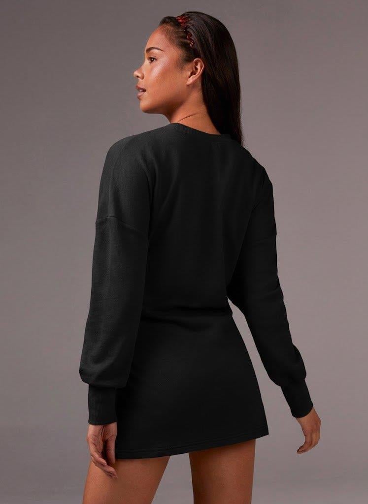 Siyah Beli Ayarlanabilir İpli Uzun Sweatshirt Tunik - Rahat Kalıp Günlük Kadın Üst