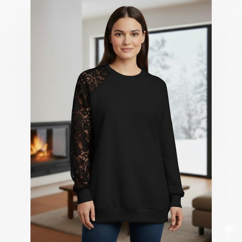 Siyah Dantel Detaylı Sweatshirt – Şık ve Rahat Günlük Kadın Üst – Yumuşak Kumaş