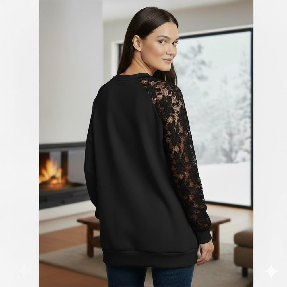 Siyah Dantel Detaylı Sweatshirt – Şık ve Rahat Günlük Kadın Üst – Yumuşak Kumaş