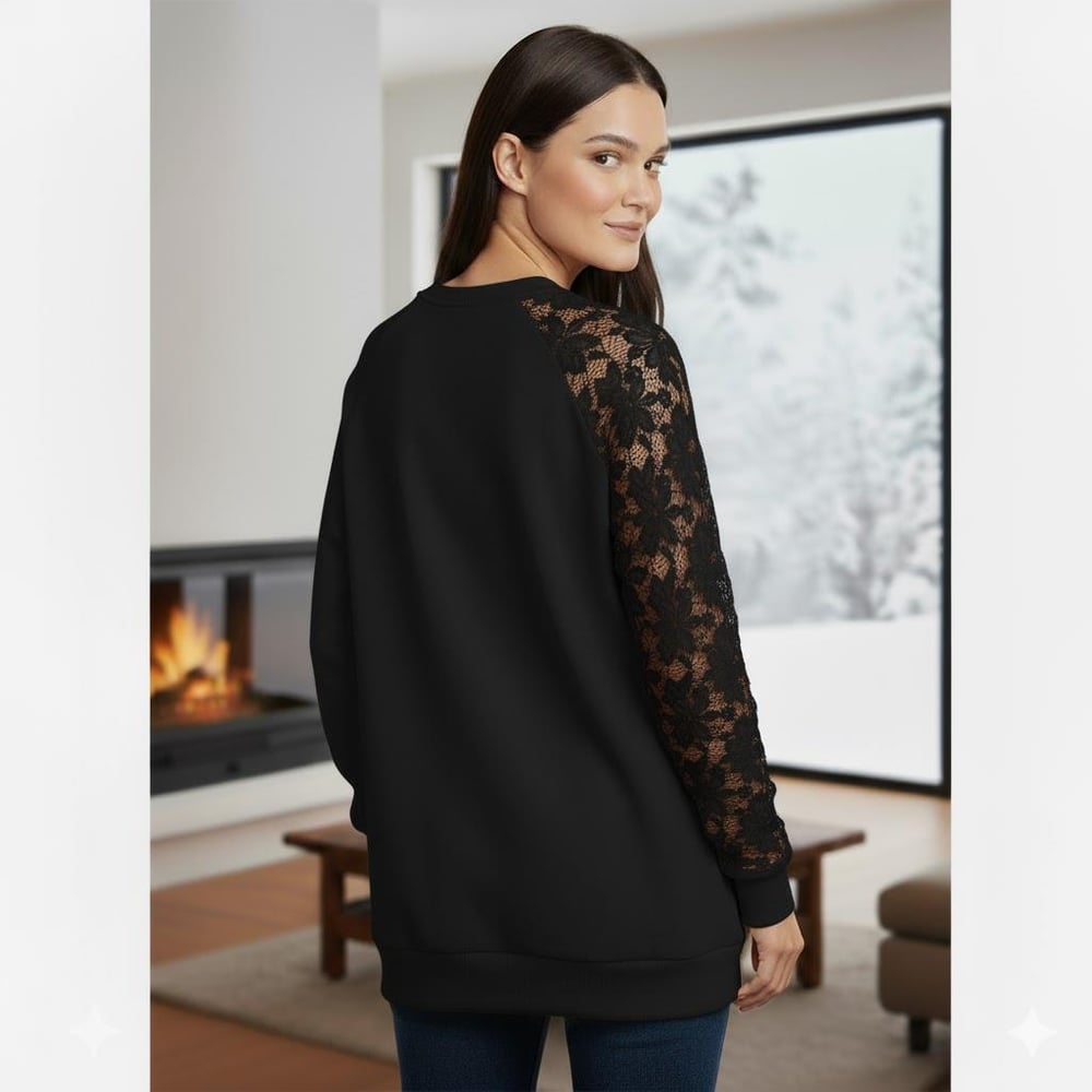 Siyah Dantel Detaylı Sweatshirt – Şık ve Rahat Günlük Kadın Üst – Yumuşak Kumaş
