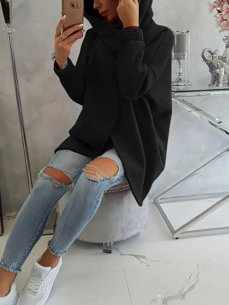 Siyah Kadın 3 İplik Şardonlu Kapüşonlu Ceket – Asimetrik Fermuarlı Oversize 