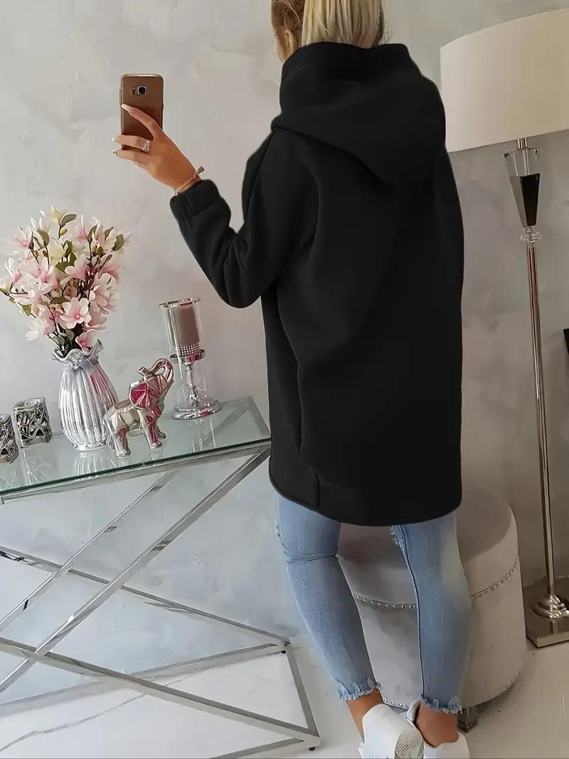 Siyah Kadın Asimetrik Fermuarlı Oversize Kapüşonlu Sweatshirt – Kalın Kumaş – Rahat Günlük Tarz