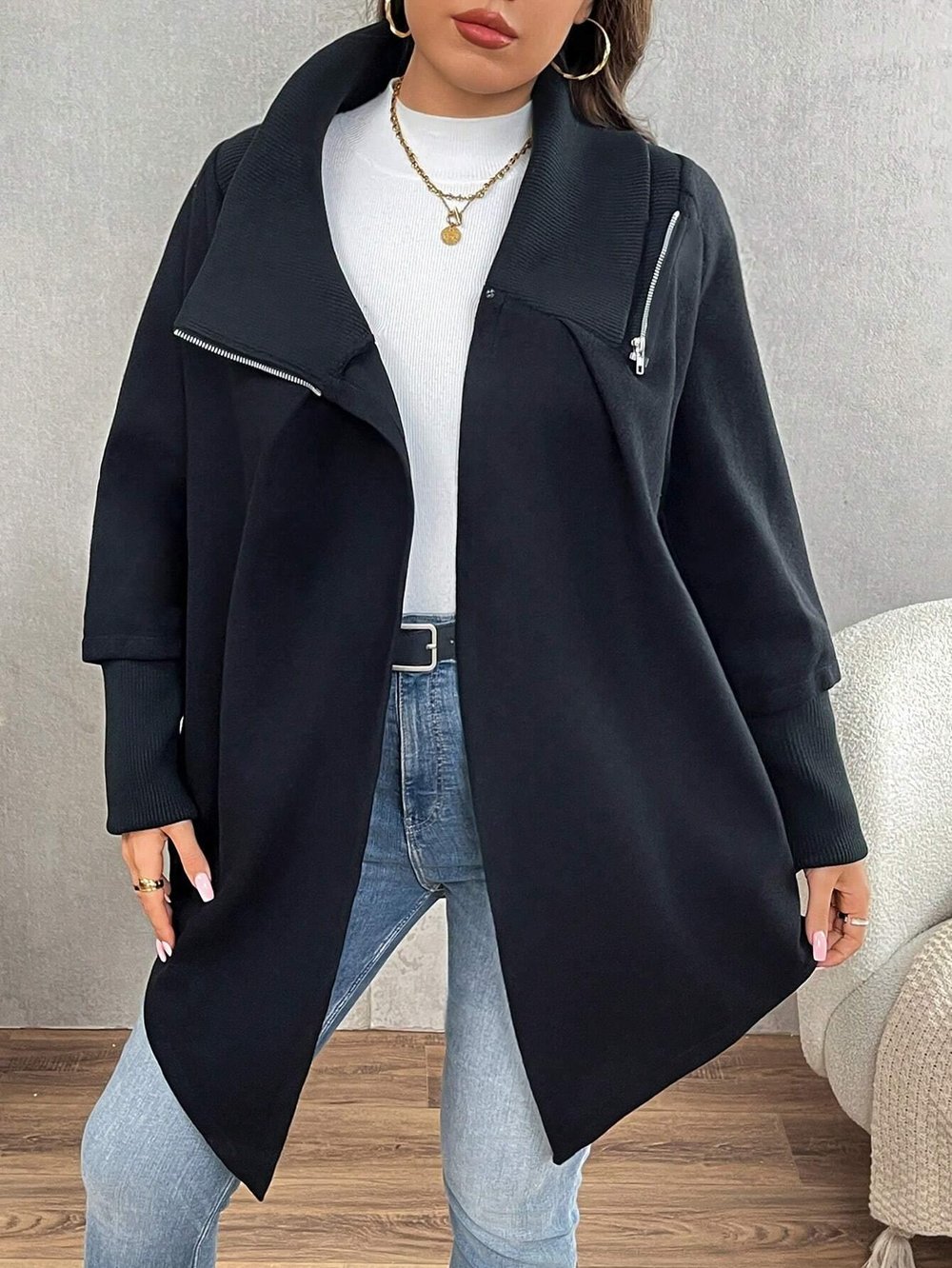Siyah Kadın Asimetrik Kesim 3 İplik Şardonlu Sweat Ceket – Fermuarlı Yaka, Cepli, Oversize