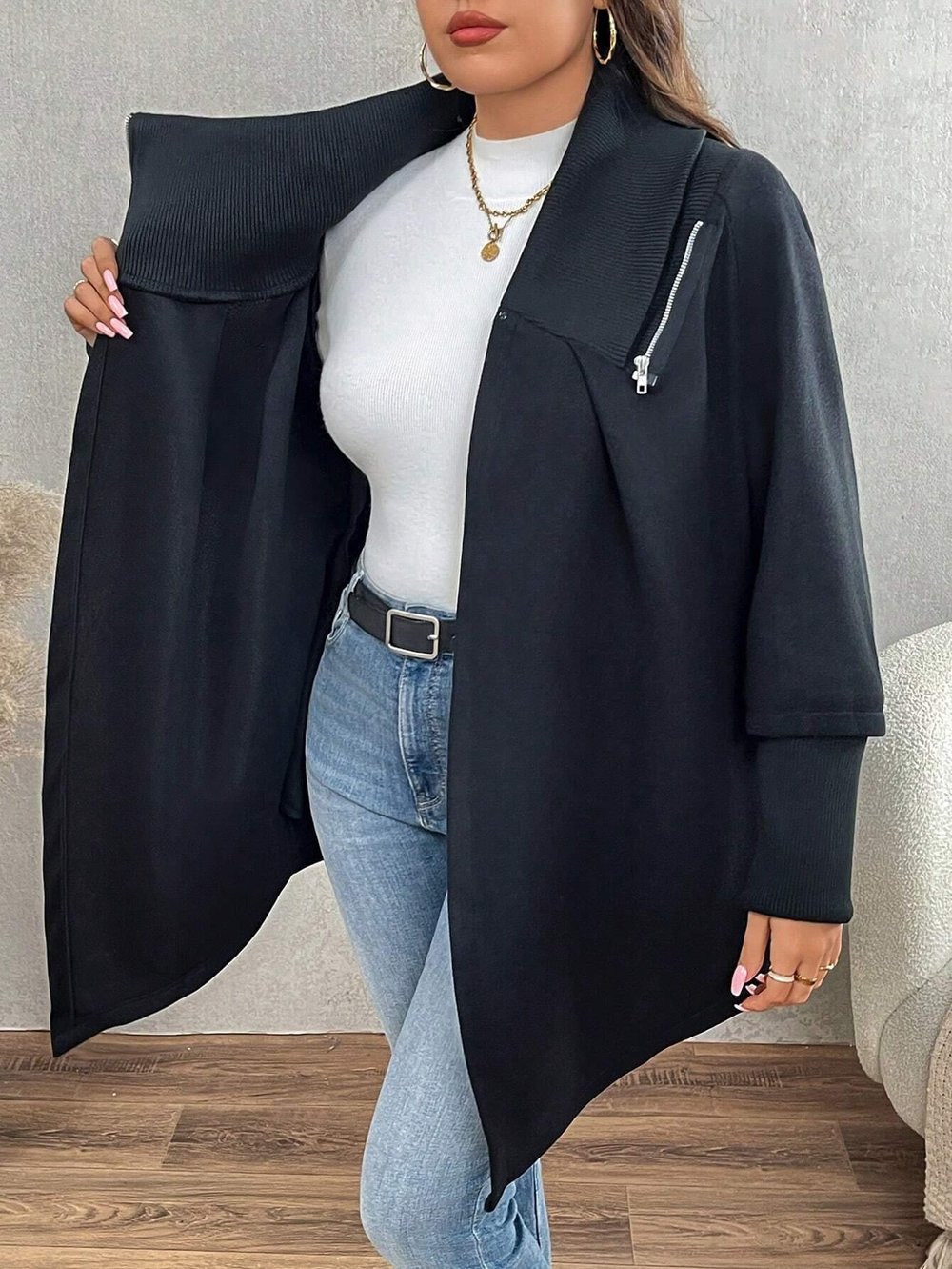 Siyah Kadın Asimetrik Kesim 3 İplik Şardonlu Sweat Ceket – Fermuarlı Yaka, Cepli, Oversize