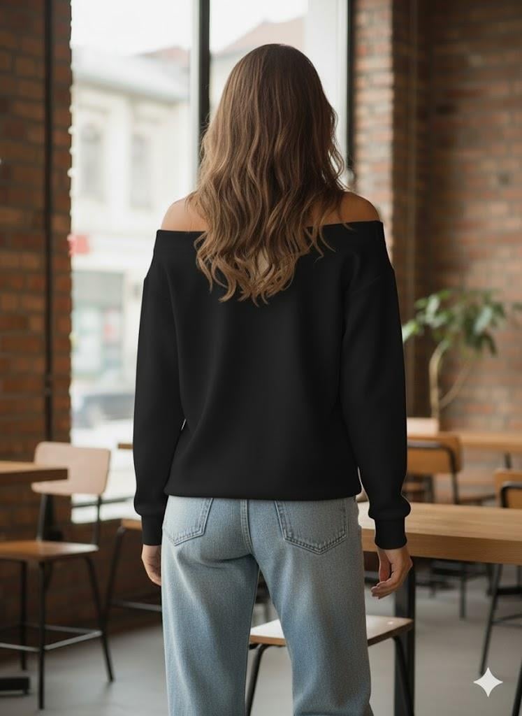 Siyah Kadın Oversize Dudak Baskılı Sweatshirt -Kayık Yaka  3 İplik Kumaş, Off Shoulder, Rahat Günlük Sweat