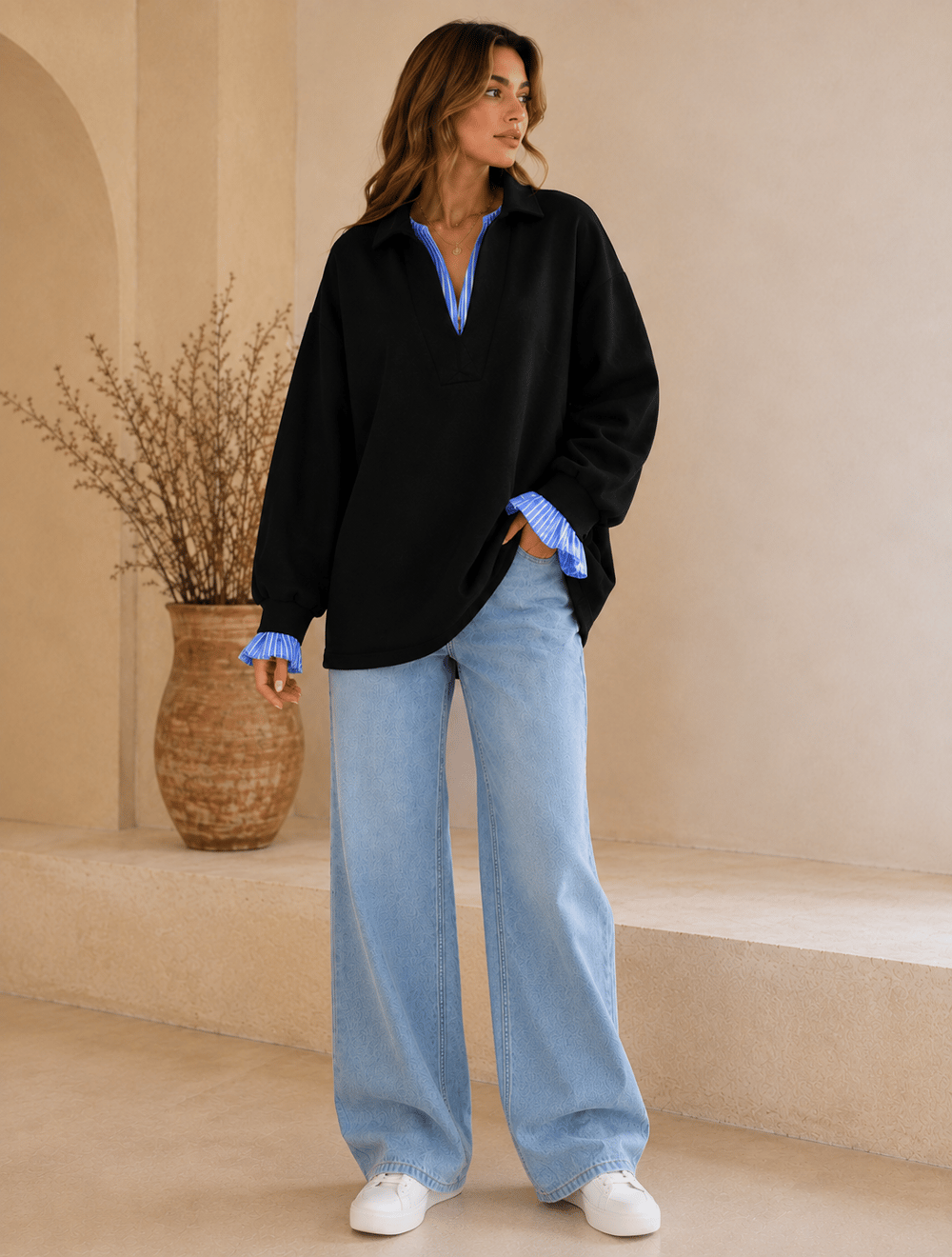 Siyah Kadın Oversize Gömlek Yaka Sweatshirt – Çizgili Poplin Detaylı Rahat Kesim Uzun Kollu Sweat