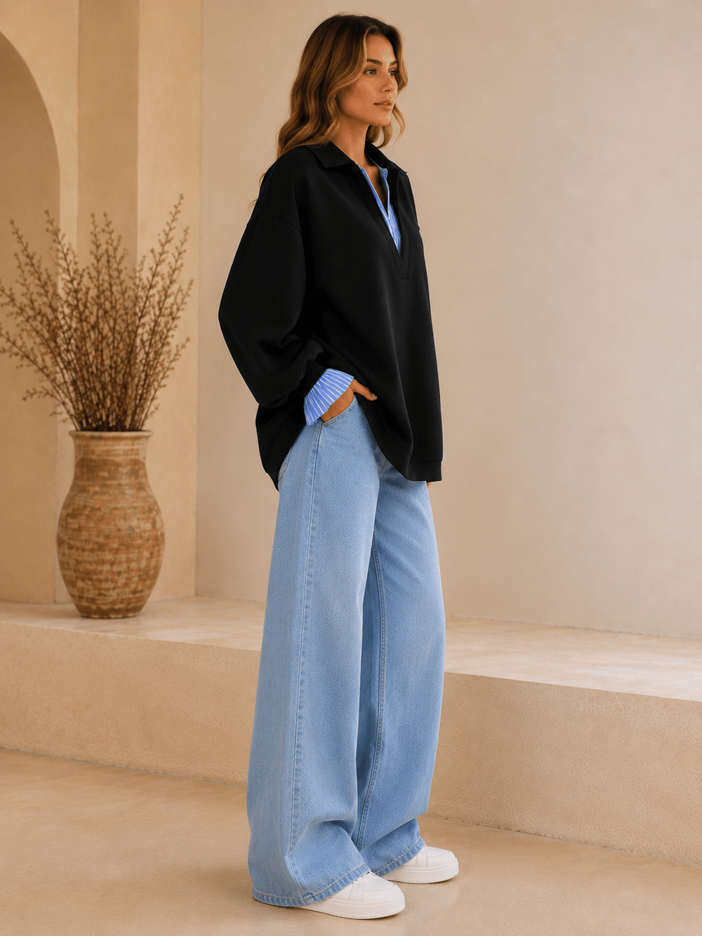 Siyah Kadın Oversize Gömlek Yaka Sweatshirt – Çizgili Poplin Detaylı Rahat Kesim Uzun Kollu Sweat
