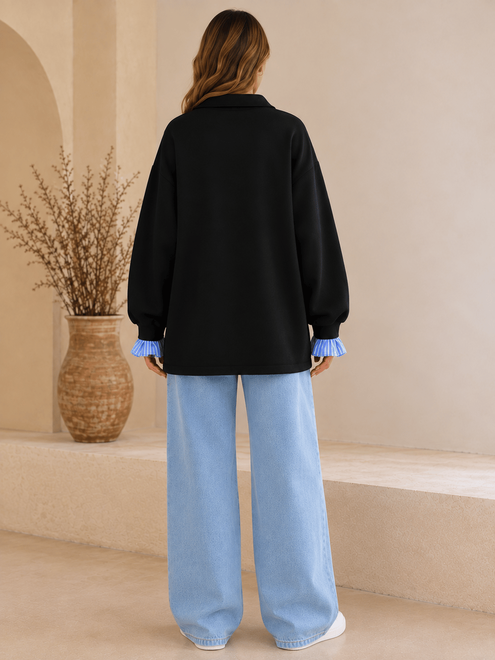 Siyah Kadın Oversize Gömlek Yaka Sweatshirt – Çizgili Poplin Detaylı Rahat Kesim Uzun Kollu Sweat