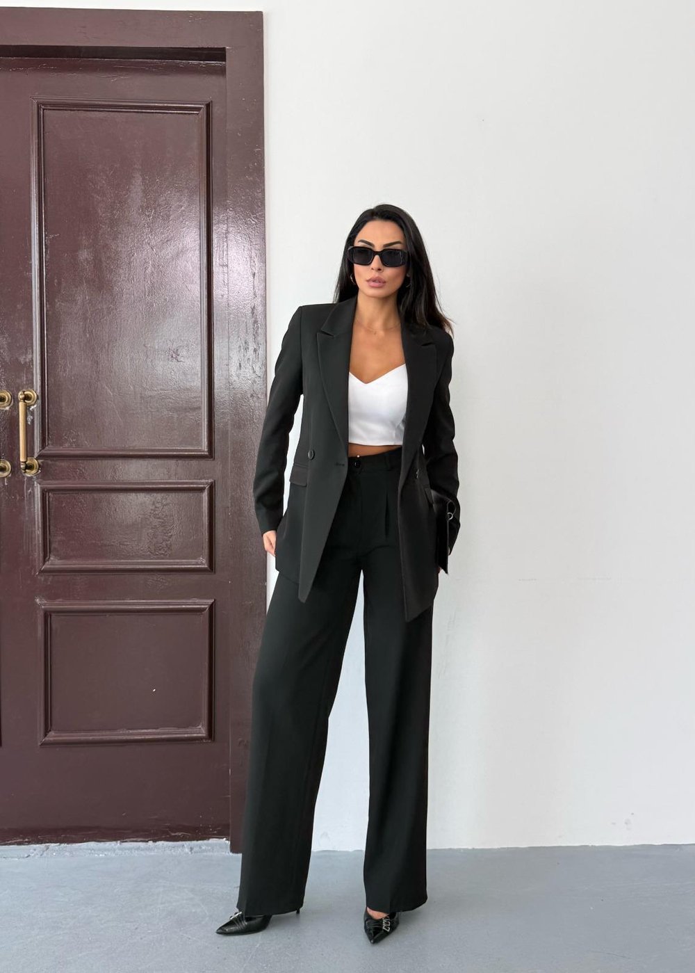 Siyah Kadın Polly Viscon Takım – 1. Sınıf Kumaş Blazer Ceket & Palazzo Pantolon İkili Takım