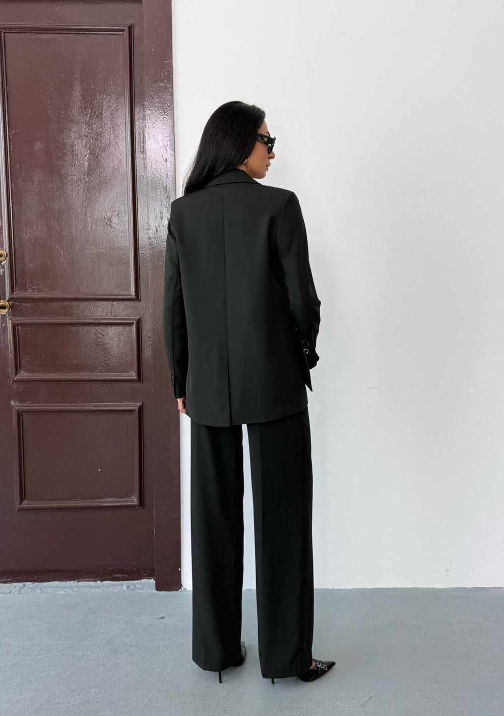 Siyah Kadın Polly Viscon Takım – 1. Sınıf Kumaş Blazer Ceket & Palazzo Pantolon İkili Takım