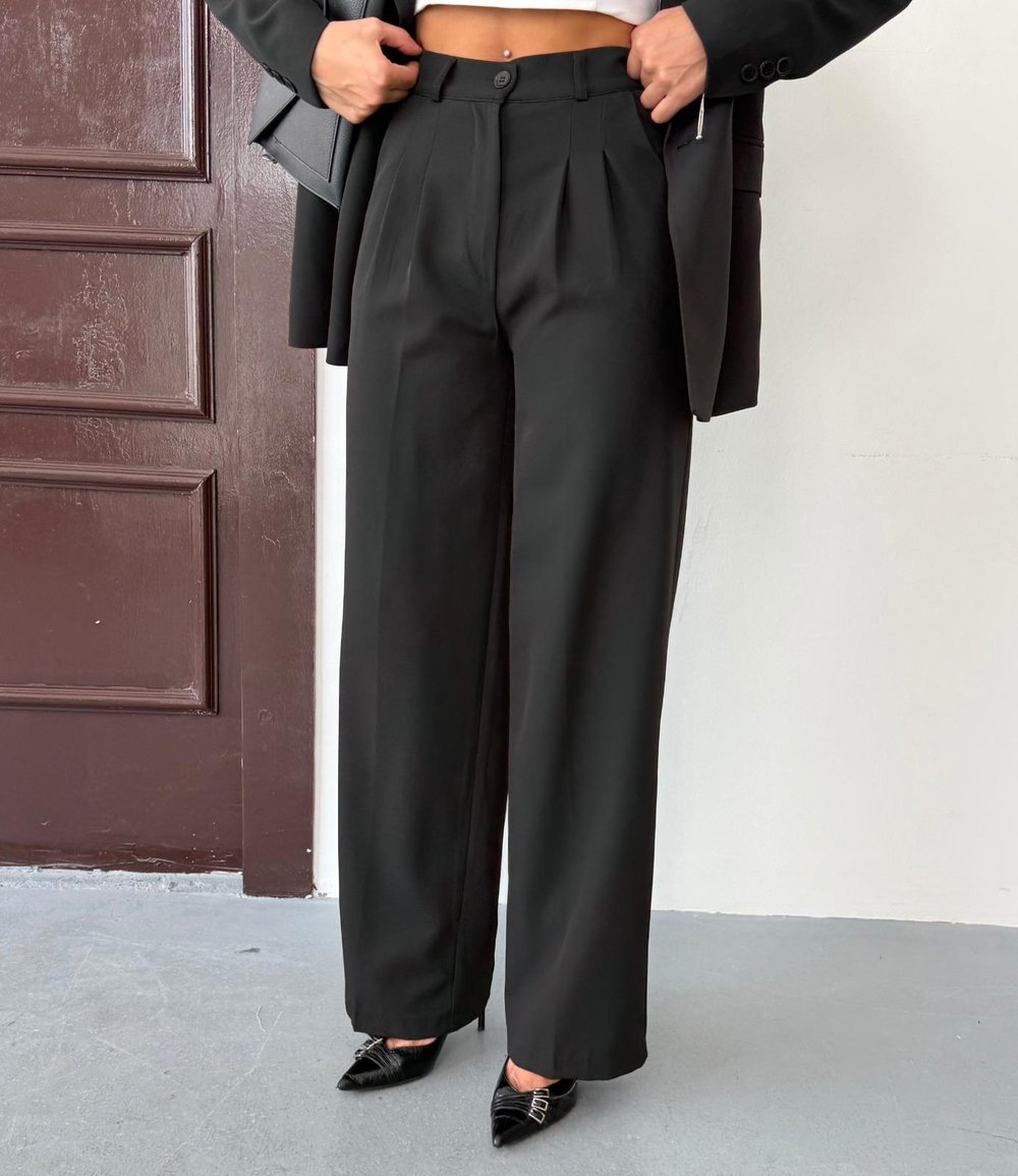 Siyah Kadın Polly Viscon Takım – 1. Sınıf Kumaş Blazer Ceket & Palazzo Pantolon İkili Takım