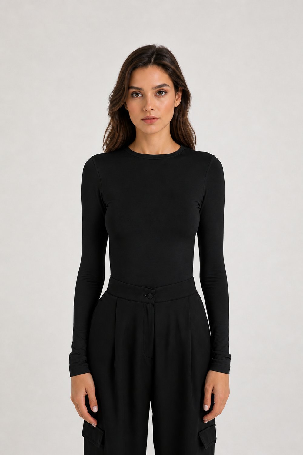 Siyah Kadın Uzun Kollu Likralı Basic Body – Esnek Polyamid Elastan Kumaş, Slim Fit, Günlük Şık Üst