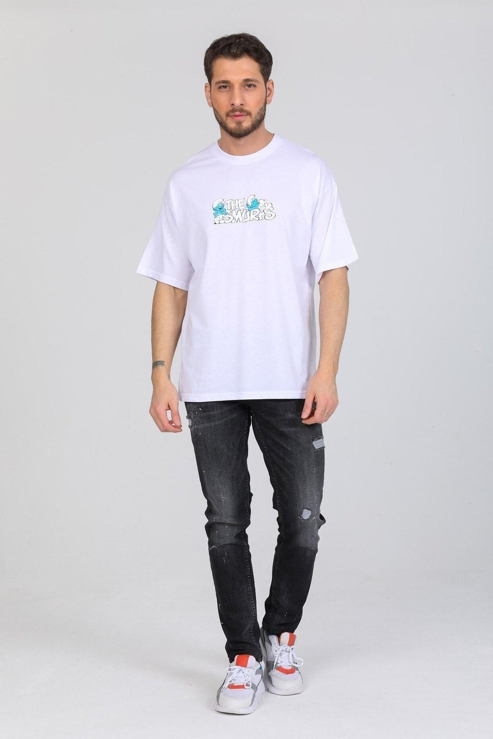 Oversize Smurfs Yazılı Beyaz T-shirt