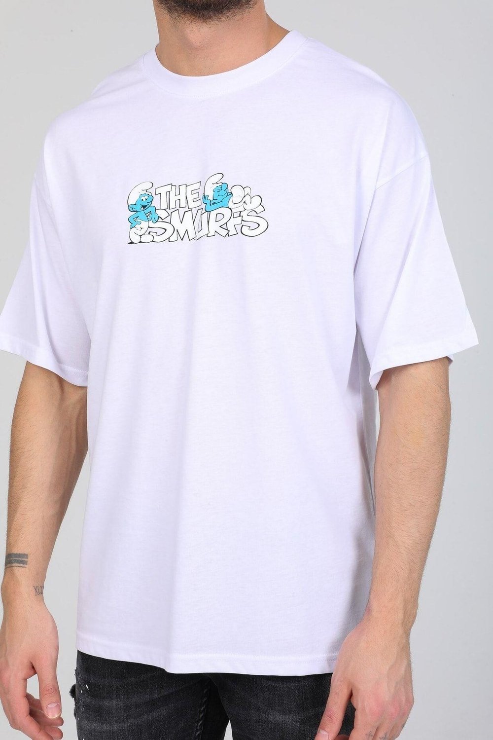 Oversize Smurfs Yazılı Beyaz T-shirt
