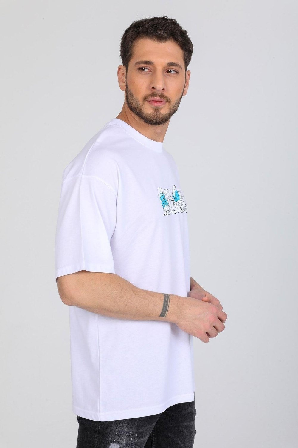 Oversize Smurfs Yazılı Beyaz T-shirt