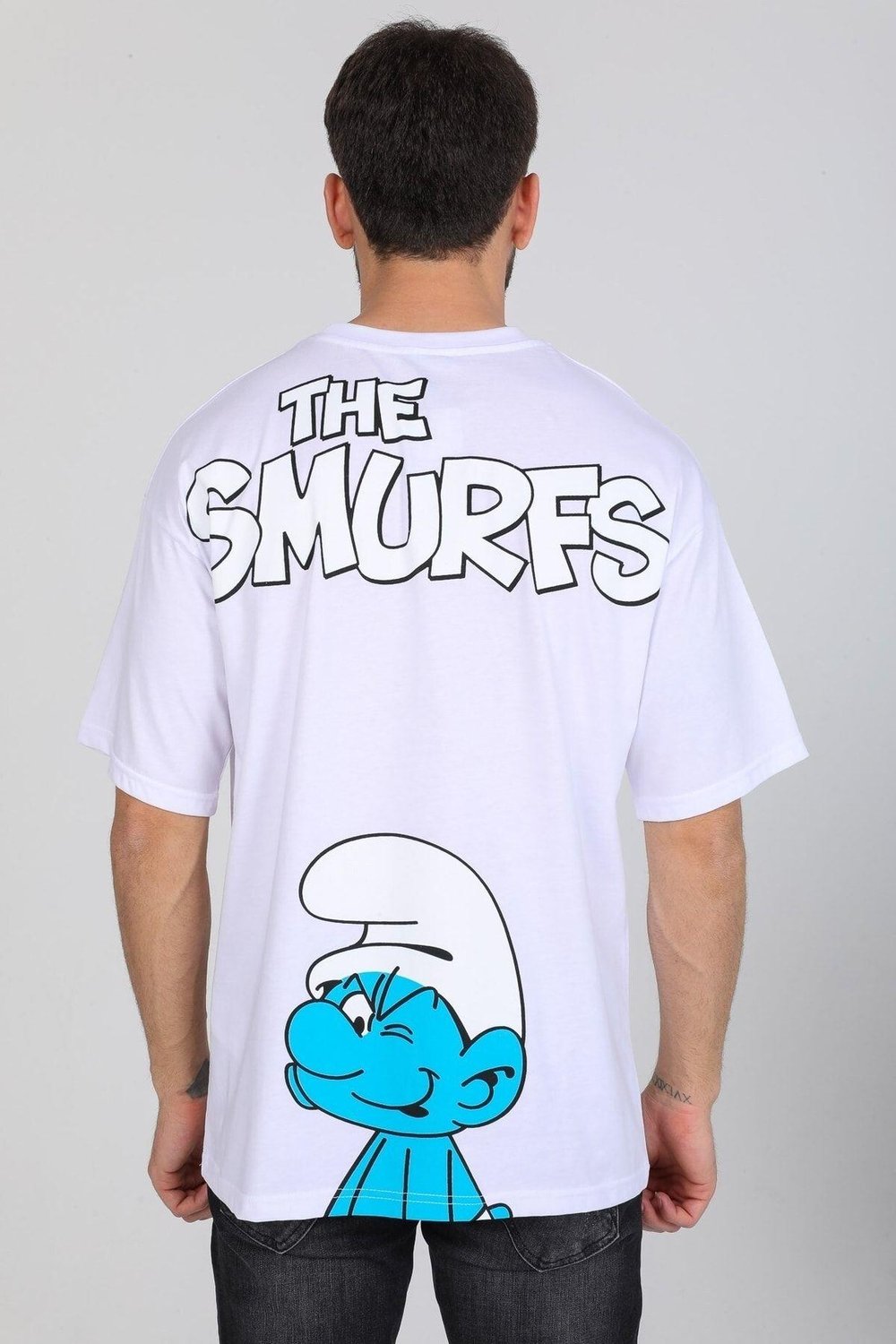 Oversize Smurfs Yazılı Beyaz T-shirt