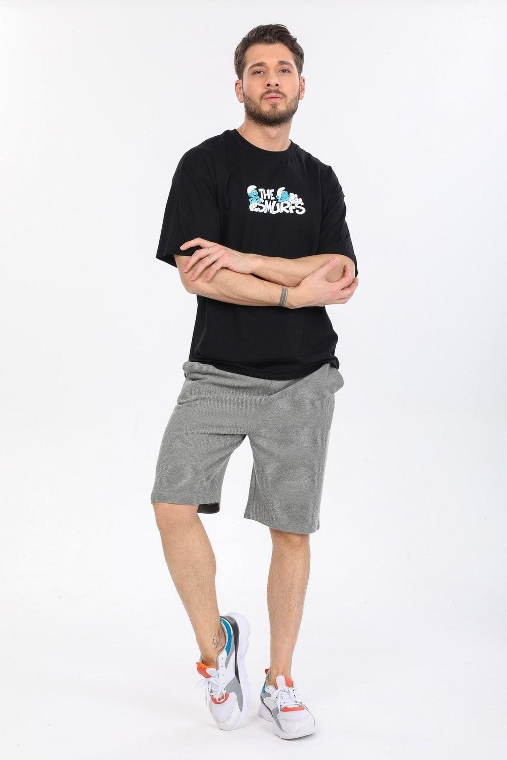 Oversize Smurfs Yazılı Siyah T-shirt