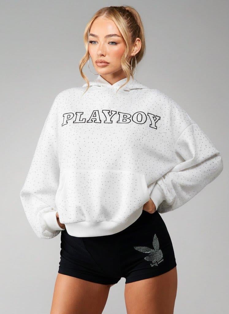 Taş İşlemeli Kristal Detaylı Oversize Kadın Hoodie - Playboy Baskılı Beyaz Kapüşonlu Üst