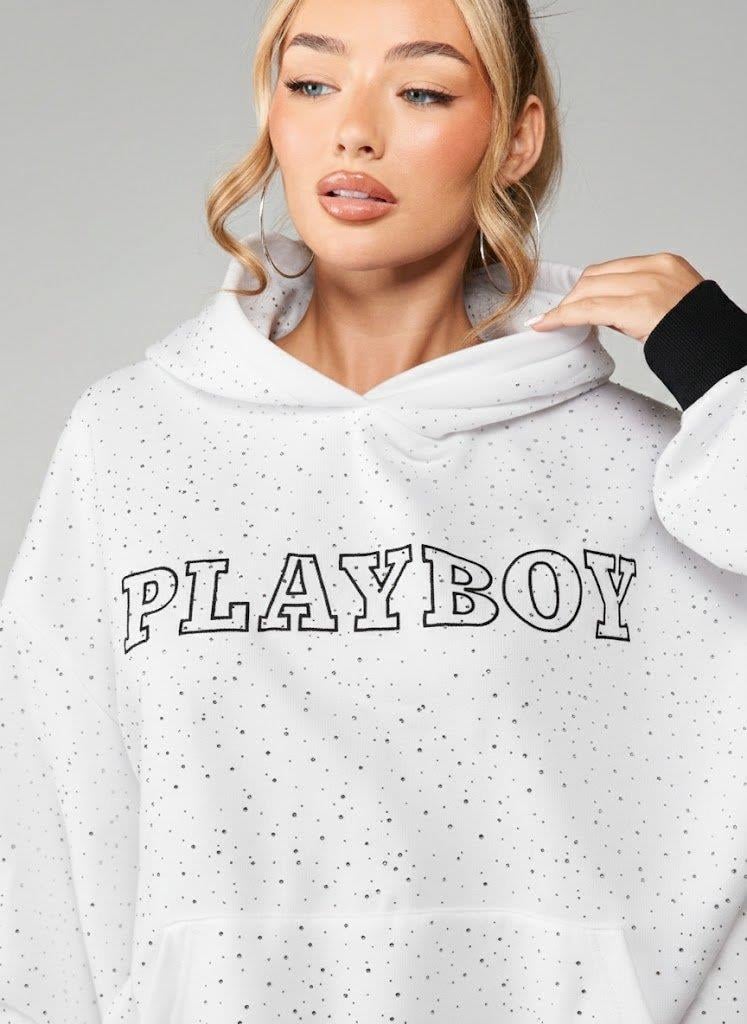 Taş İşlemeli Kristal Detaylı Oversize Kadın Hoodie - Playboy Baskılı Beyaz Kapüşonlu Üst