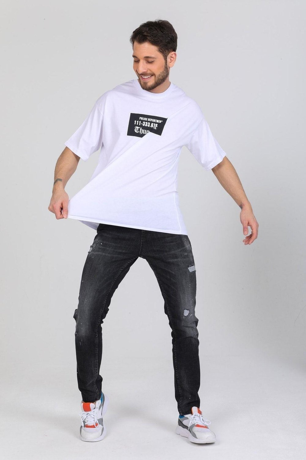 Oversize Thug Life Yazılı Beyaz T-shirt