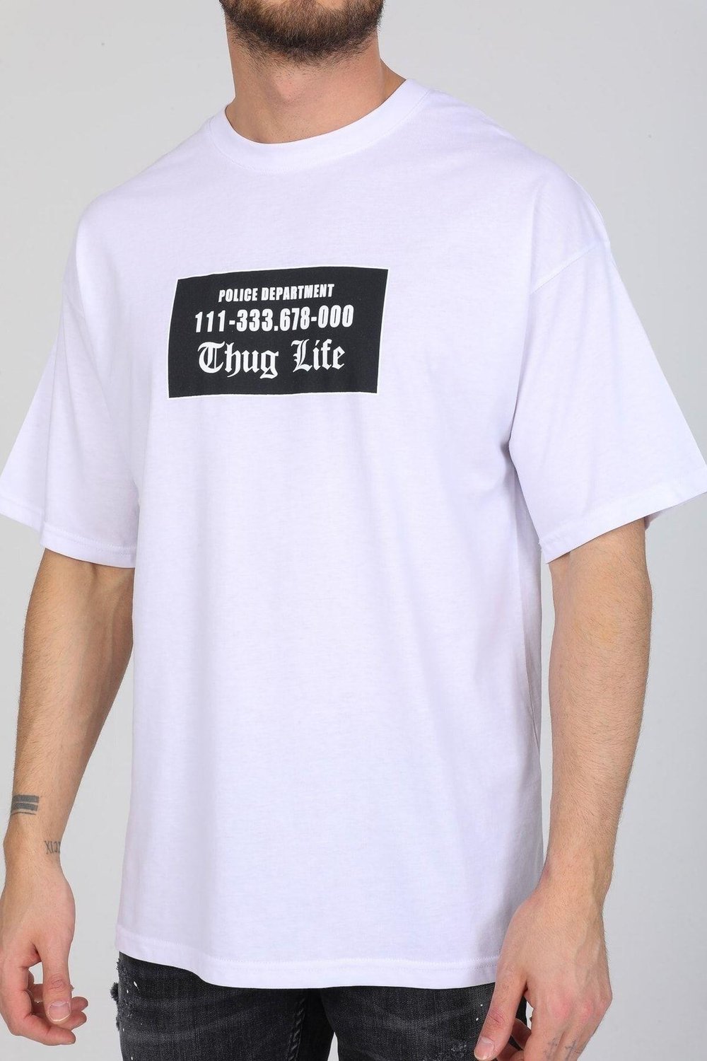 Oversize Thug Life Yazılı Beyaz T-shirt