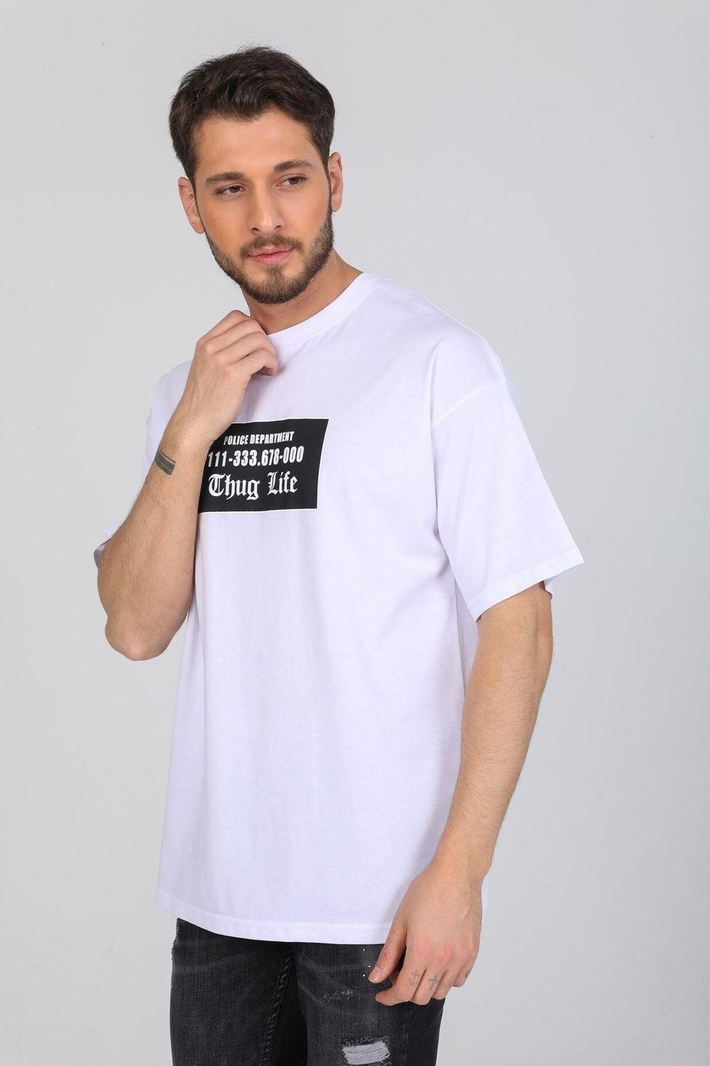 Oversize Thug Life Yazılı Beyaz T-shirt