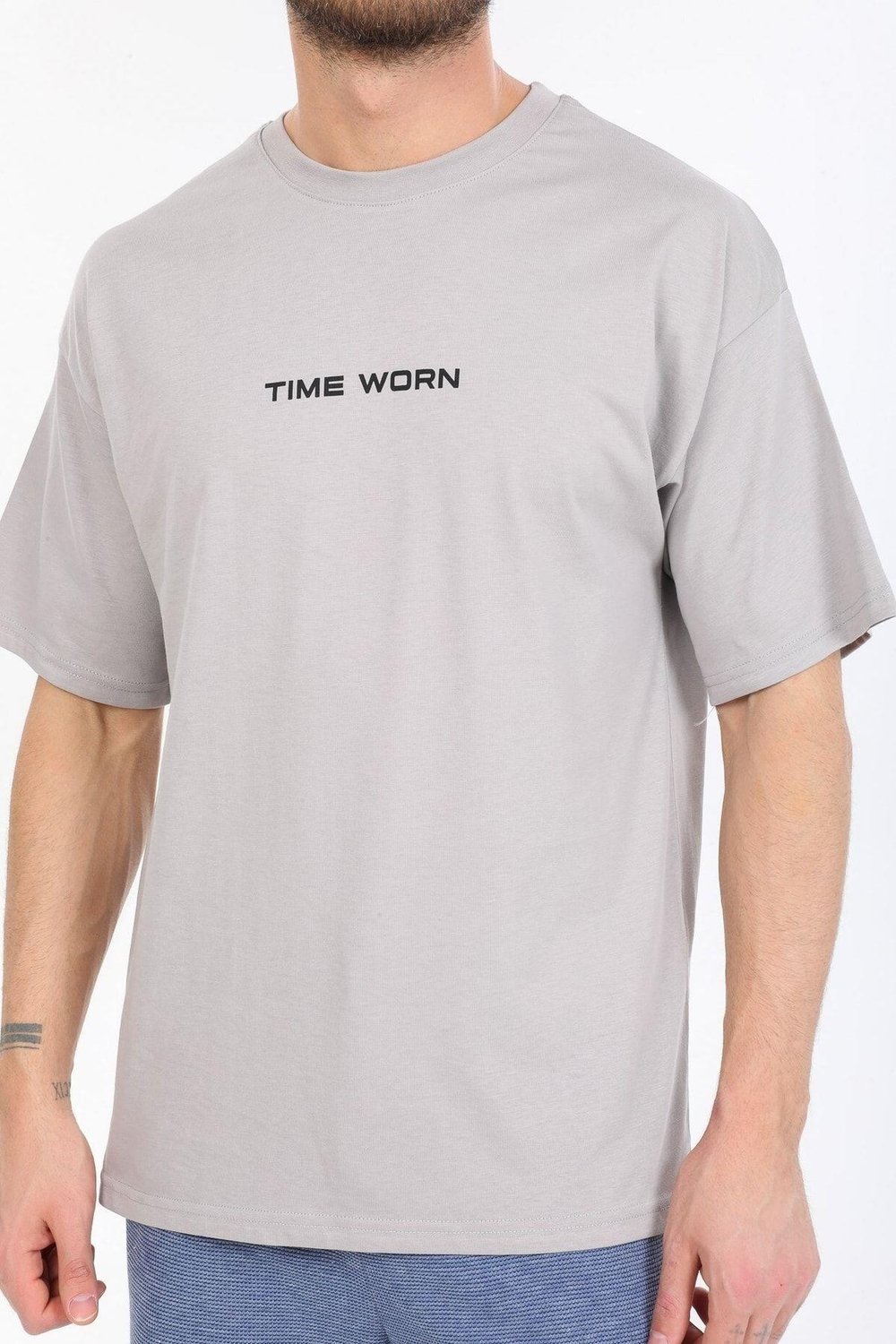 Oversize Time Worn Yazılı Gri T-shirt