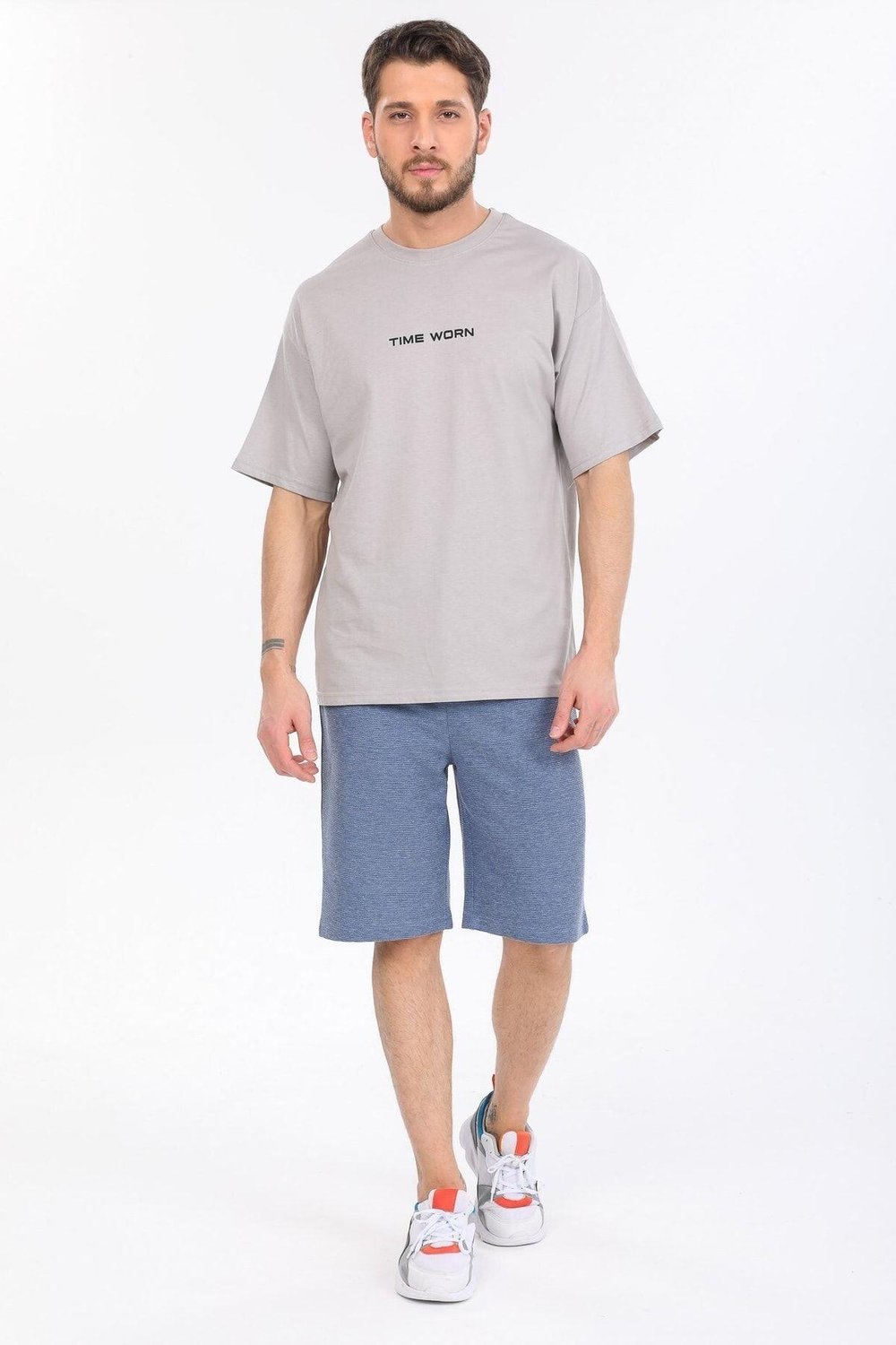 Oversize Time Worn Yazılı Gri T-shirt