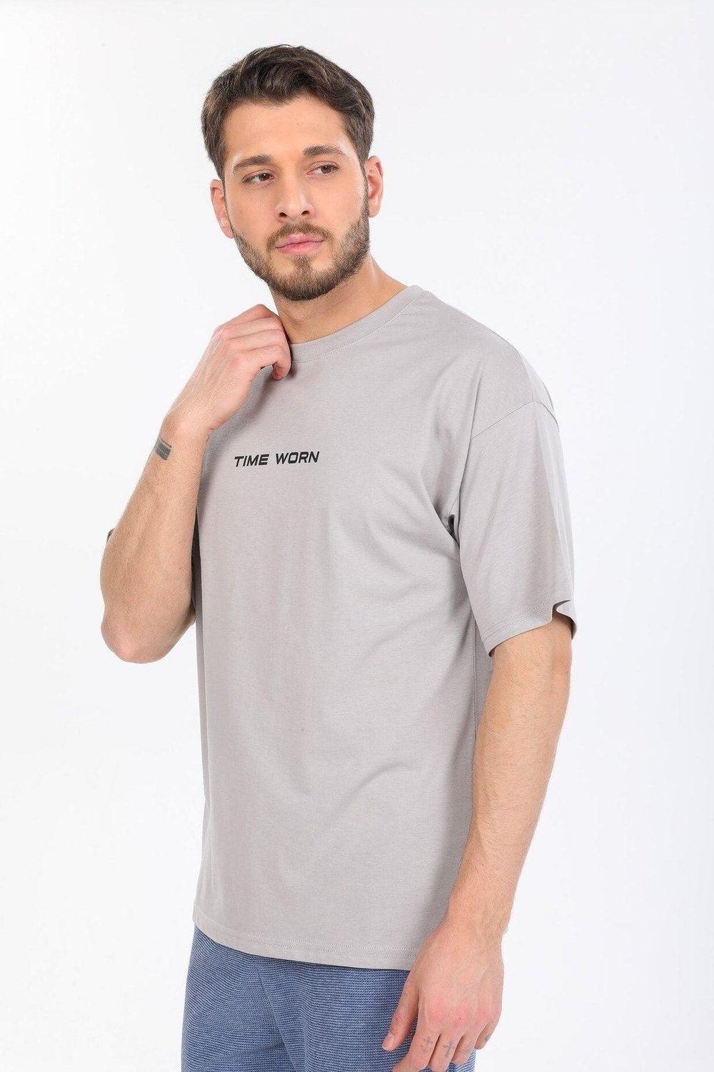 Oversize Time Worn Yazılı Gri T-shirt